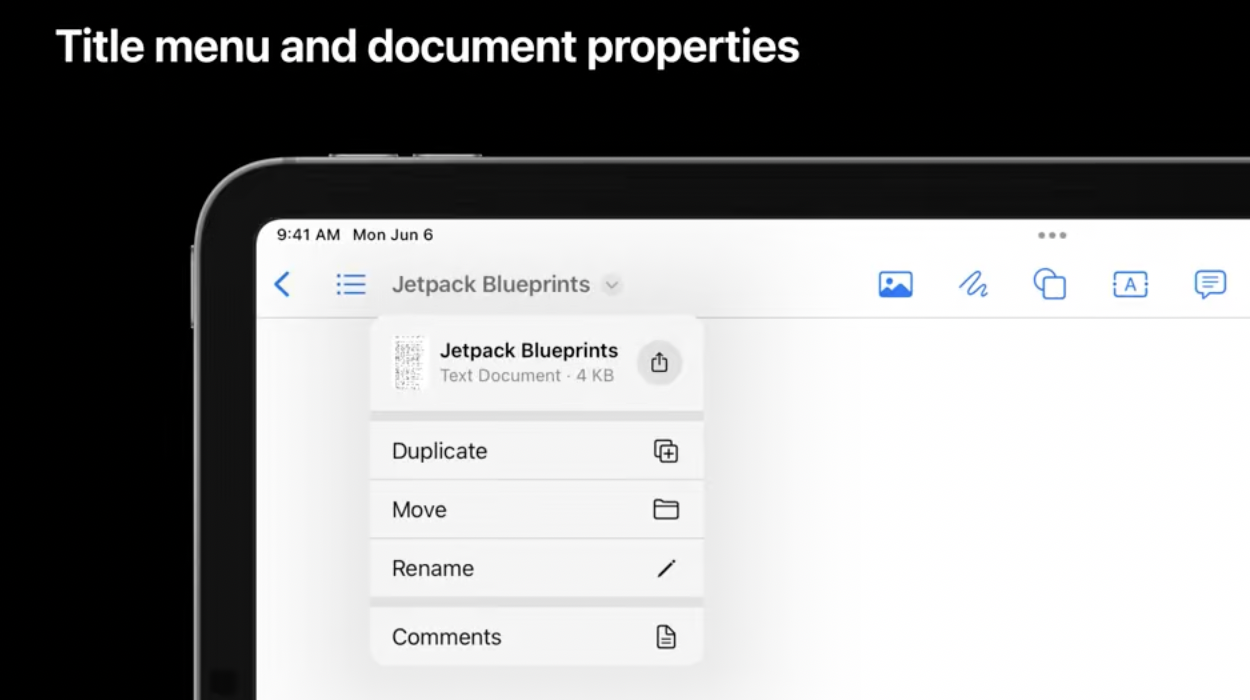Title menu with document properties